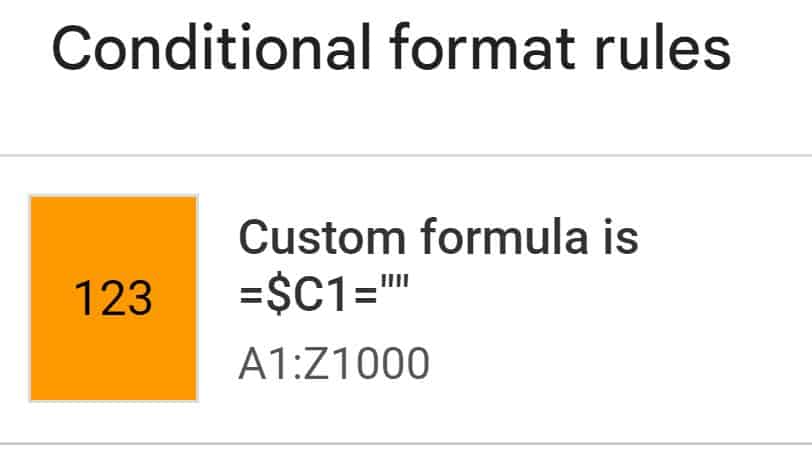 Example of how to highlight row if cell is empty in Google Sheets by using custom formula is conditional formatting rule