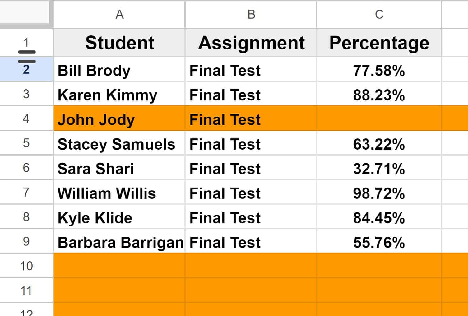 Example of how to highlight row if cell is empty in Google Sheets