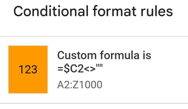 Example of how to highlight row if cell is not empty in Google Sheets by using custom formula is conditional formatting rule