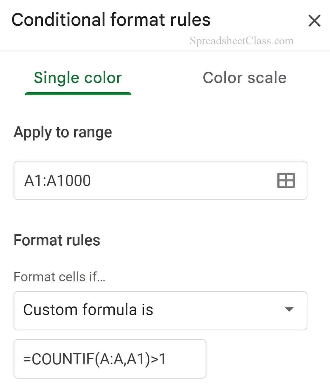 Example of how to highlight duplicates in Google Sheets by using conditional formatting custom formula is rule