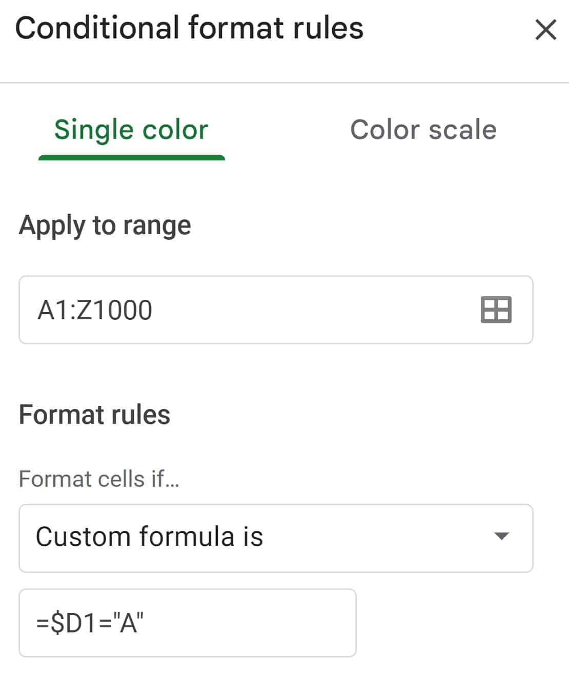 Example of how to highlight row based on cell value in Google Sheets by using conditional formatting menu with custom formula is option