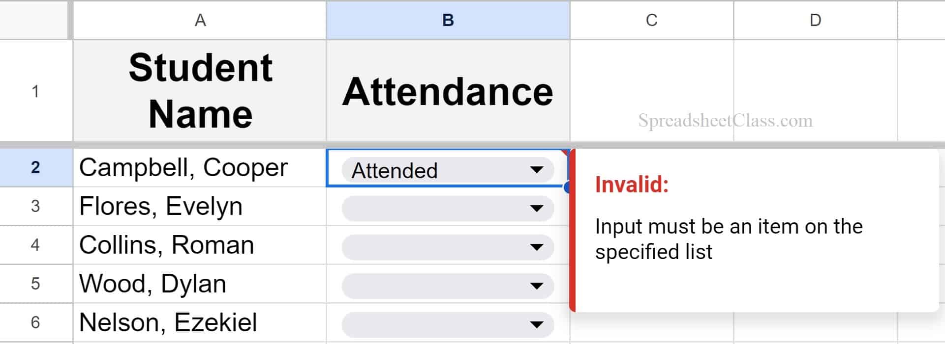Example of input must be an item on the specified list warning in Google Sheets for data validation when show warning is selected NEW