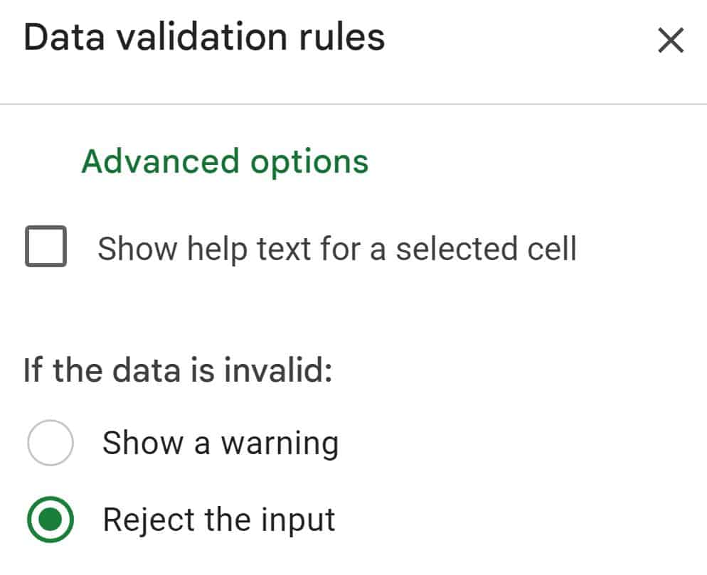 Example of reject input setting in the data validation menu in Google Sheets, for the option on invalid data NEW