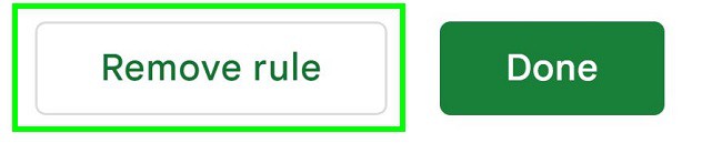 Example of removing a drop down and data validation in Google Sheets, from the data validation menu, by clicking remove rule