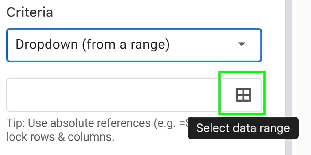 Example of select a data range button in the data validation menu in Google Sheets NEW