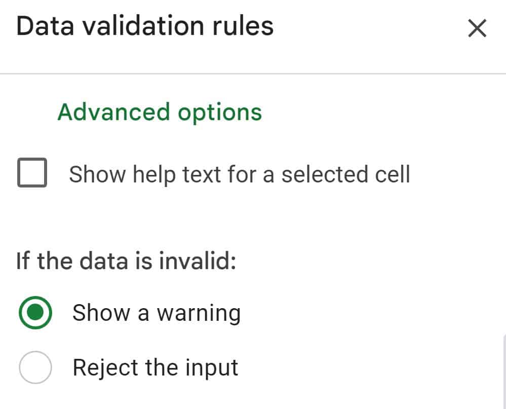 Example of show warning setting in the data validation menu in Google Sheets, for the option on invalid data NEW