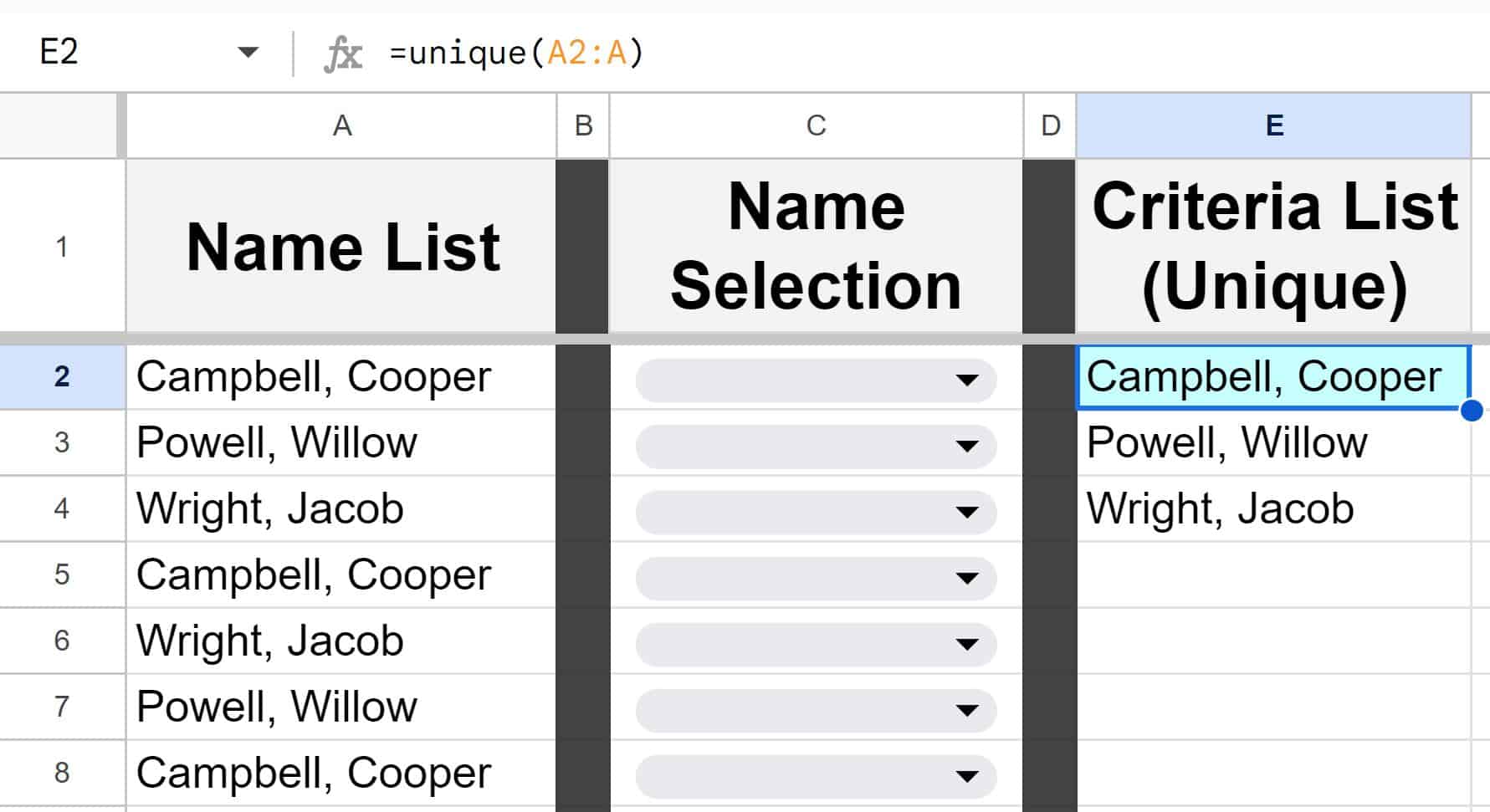 Example of using the UNIQUE function in Google Sheets to generate a criteria list for a drop down menu NEW