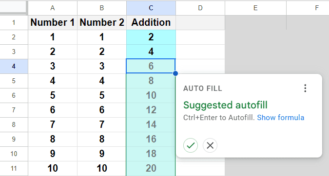 An example of applying a formula to an entire column with the suggested auto fill feature in Google Sheets