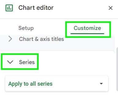 Example of the chart editor customize tab, series menu, before clicking data labels checkbox