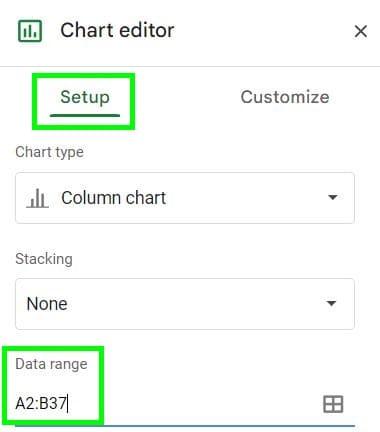 Example of the chart editor data range, before adding series in Google Sheets