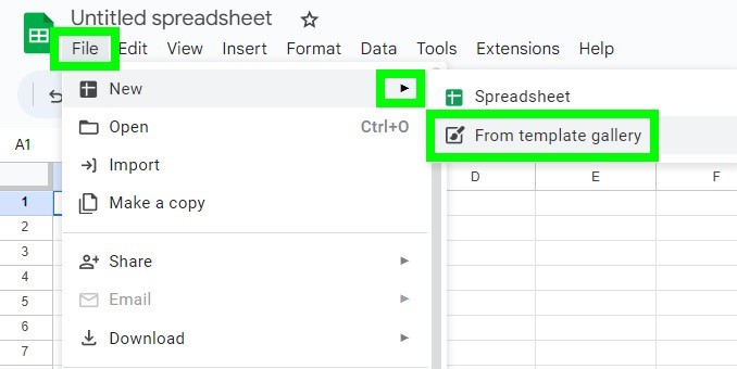 Example of clicking the Template gallery from Google Sheets to access the Calendar template