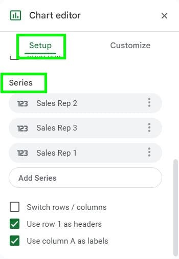 Example of editing a chart on the setup tab under the series section in Google Sheets before changing series order