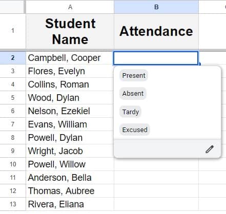 An example after drop down was created in another tab in Google Sheets NEW