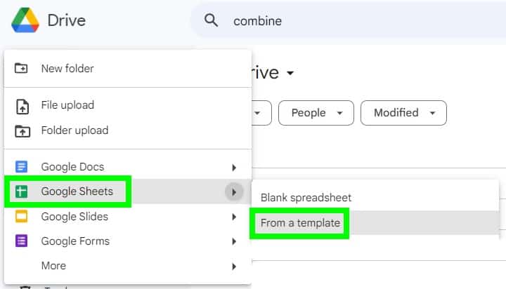 Example of Google Drive, clicking on "Google Sheets", and then clicking "From a template" to access the Google Sheets Template gallery