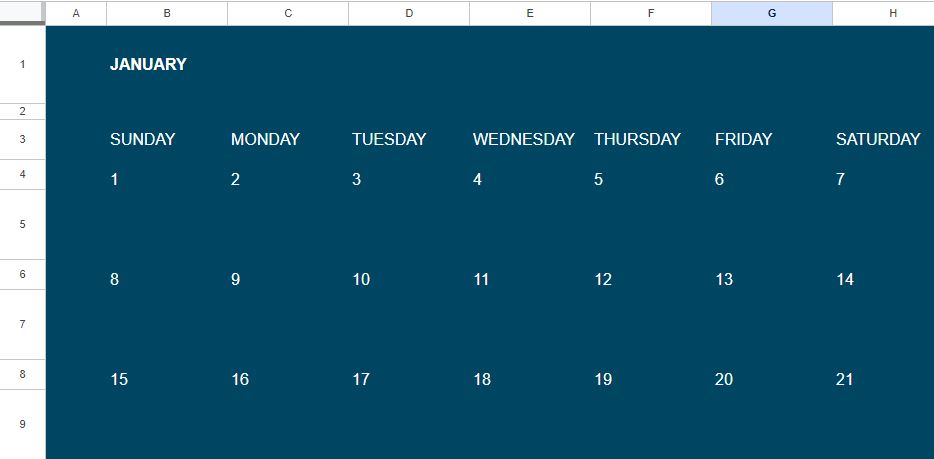 Example of the Google Sheets annual calendar template (from the template gallery) monthly tabs