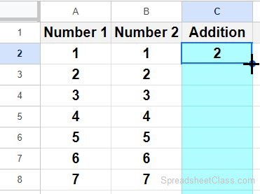 Example of the Google Sheets autofill, fill handle method to apply a formula to an entire column