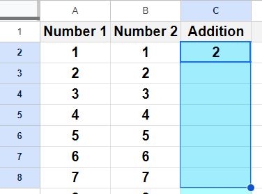 Example of the Google Sheets autofill filldown shortcut method to apply a formula to an entire column