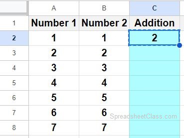 Example of the Google Sheets copy and paste formula down the column method to apply a formula to an entire column