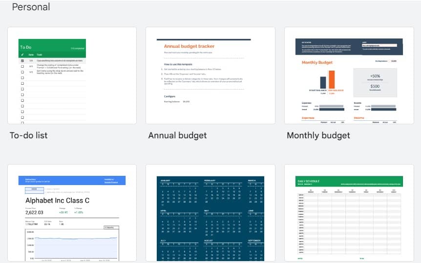 Example of the Google Sheets template gallery