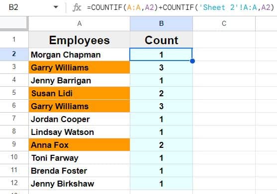 Example of how to highlight duplicates from another sheet in Google Sheets