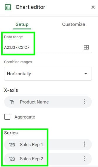 Example of how to add a series to a chart in Google Sheets char editor setup tab after adding series