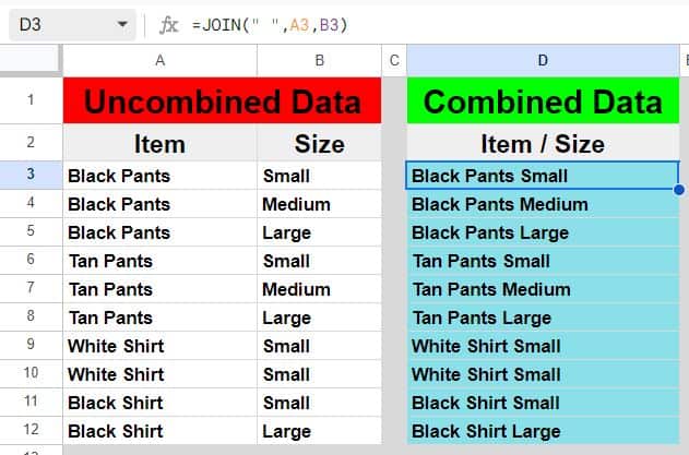 Example of how to combine columns and cells horizontally with the JOIN function in Google Sheets