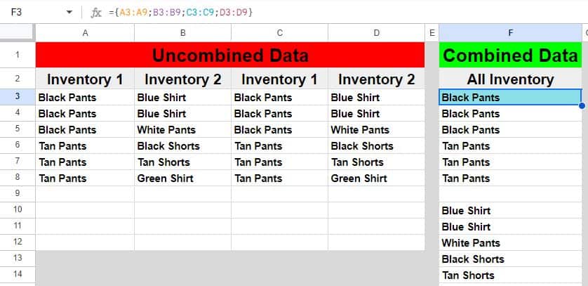 Example of how to combine more than 2 columns vertically in Google Sheets