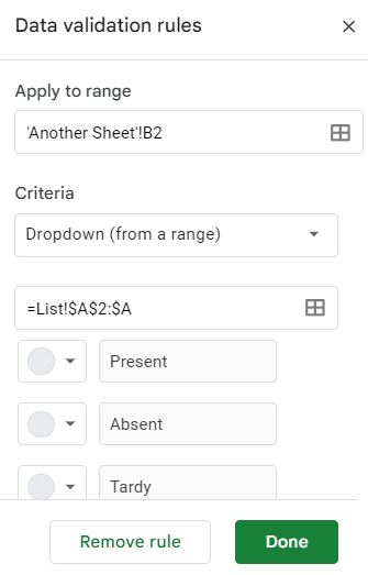 An example of how to create a drop down from another sheet in Google Sheets (Refer to list on another sheet) NEW