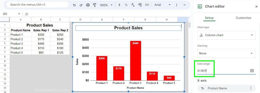 Example of how to edit chart data range in Google Sheets after editing data range view of chart and menu with data range