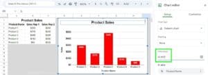 Example of how to edit chart data range in Google Sheets after editing data range view of chart and menu with data range