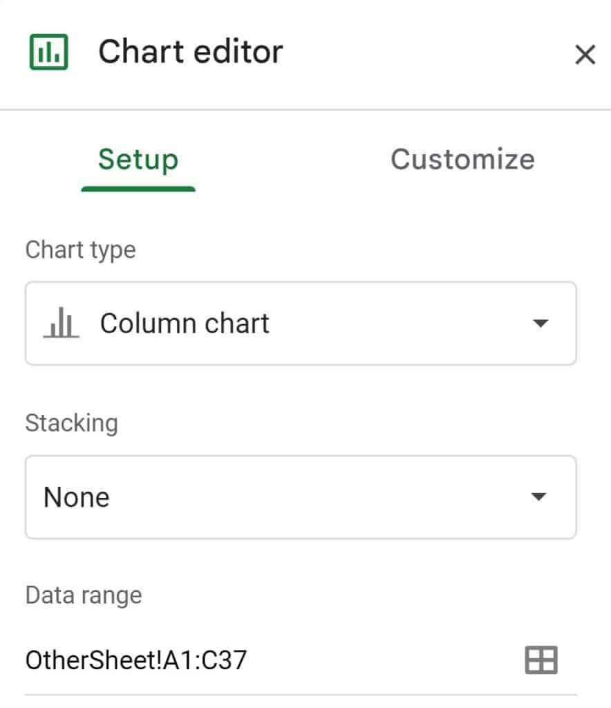 Example of how to edit the data range to chart data from another sheet in Google Sheets