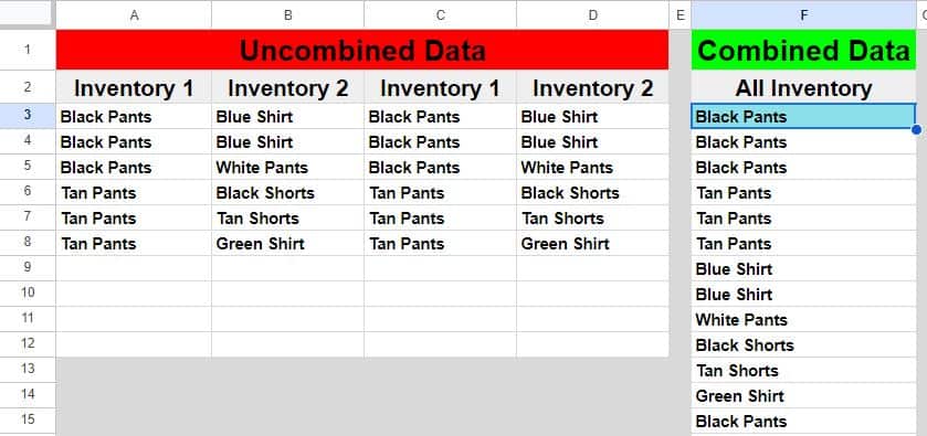Example of how to filter out blank spaces when combining columns vertically in Google Sheets