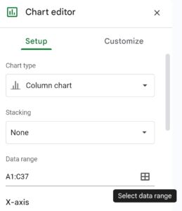 Example of how to select the data range when editing a chart data range in Google Sheets