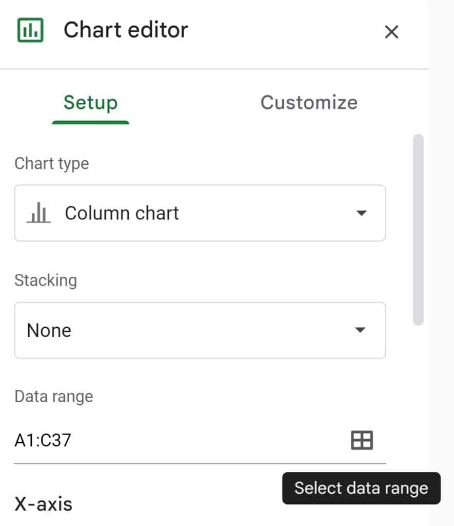 Example of how to select the data range when editing a chart data range in Google Sheets