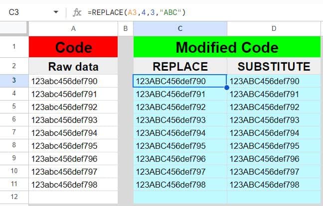 Example of how to use the REPLACE function in Google Sheets