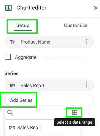 Example method 1 for how to add a series to a chart in Google Sheets adding a series in the chart editor and hovering over select a data range button
