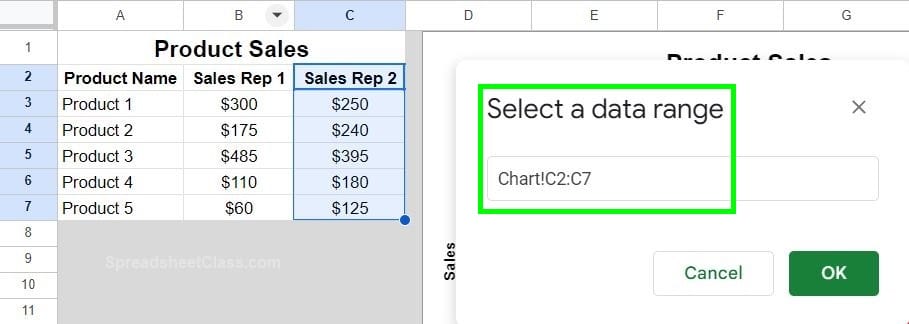 Example method 1 for how to add a series to a chart in Google Sheets data range for series to add selected