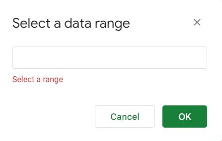Example method 1 for how to add a series to a chart in Google Sheets select a range prompt