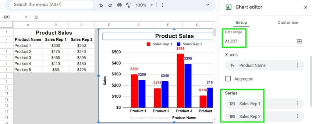 Example part 2 / method 2 after adding a series when changing data range in Google Sheets