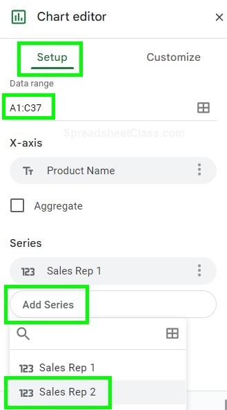 Example part 2 / method 2 adding a series after adding columns to the data range when changing data range in Google Sheets