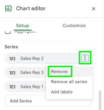 Example of removing a series in the Google Sheets chart editor, which is the first step to changing the series order on a chart
