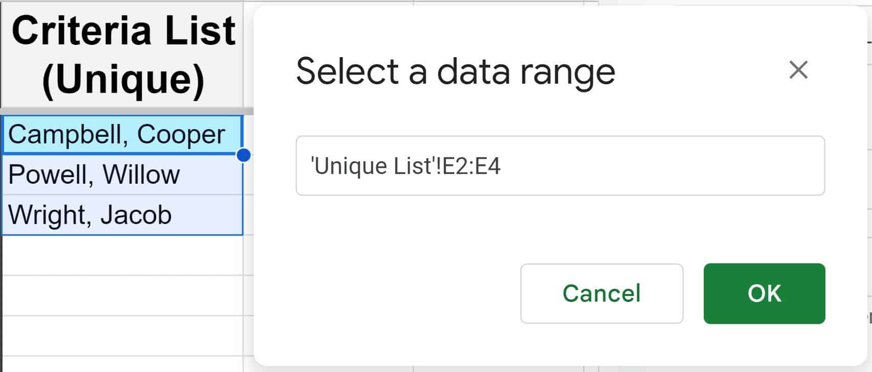 Example of selecting a data range when specifying the range to list from for data validation drop down in Google Sheets NEW version