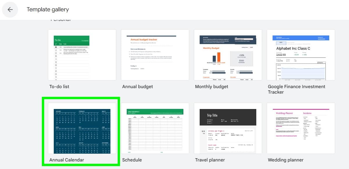 Example of the annual calendar template from the Google Sheets template gallery