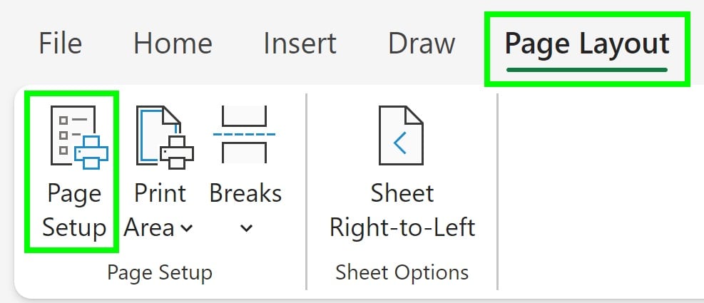 An example of accessing the page setup menu in Excel to adjust settings and print graph paper