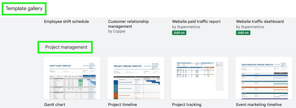 Example of accessing the project management templates from the Google Sheets template gallery