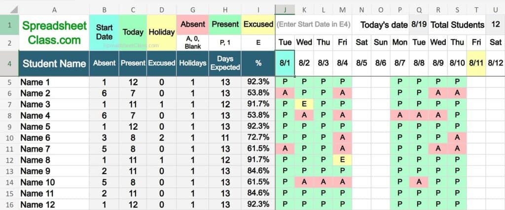 Example of the attendance template for Excel, without shaded weekends