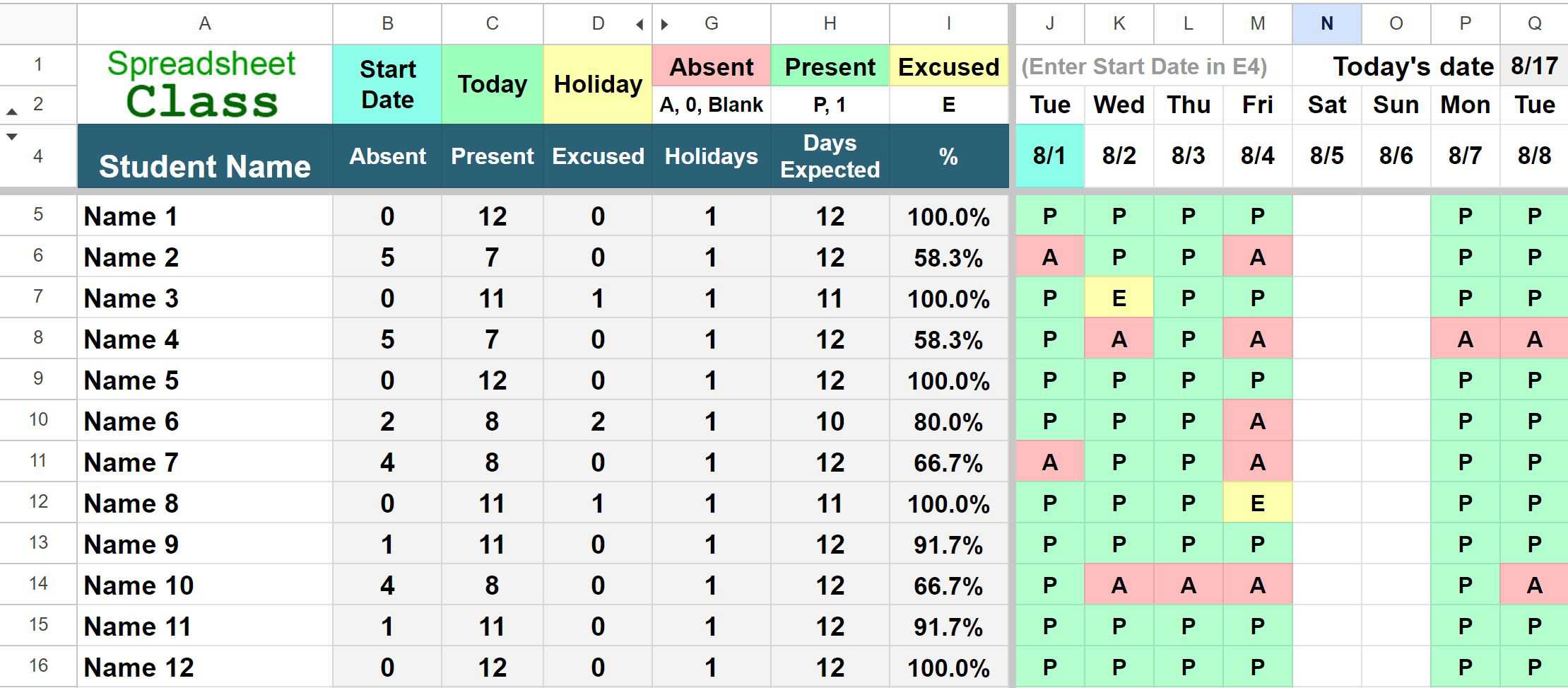 Example of the Attendance template for Google spreadsheets, without shaded weekends (NEW version)