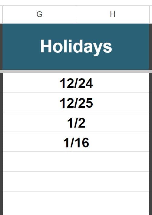 An example of the attendance tracker template settings for holidays