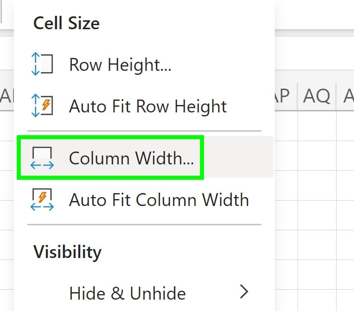 An example of changing the column width for all cells in Excel to make a grid of squares for graph paper (after clicking format)