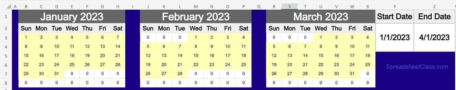 Example of the Excel Automatic Calendar Template by SpreadsheetClass.com